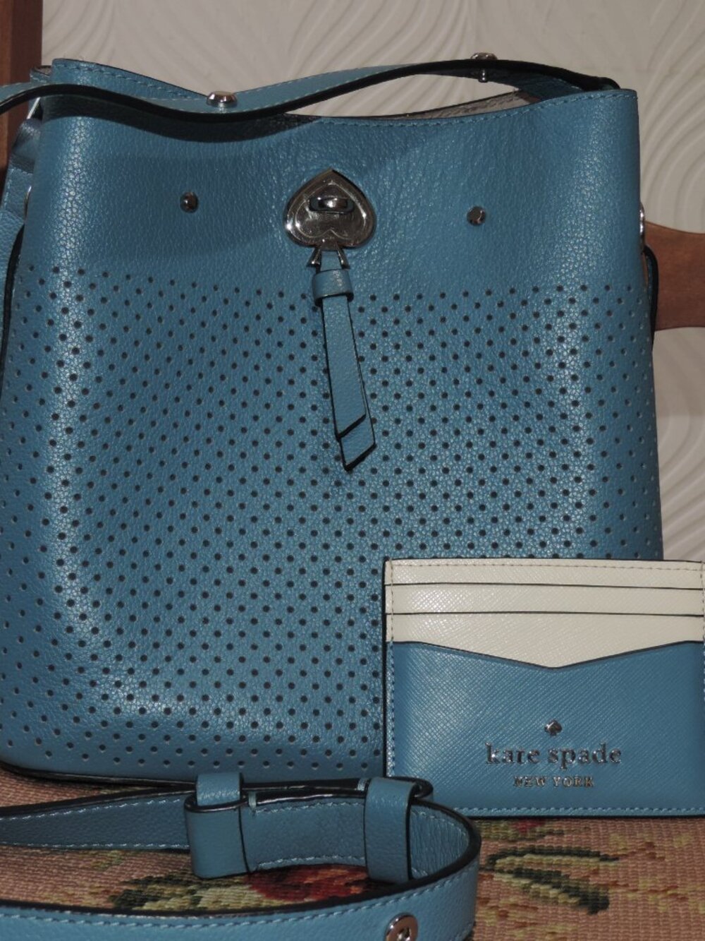 KATE SPADE New York Blue Perf Leather Small Marti Bucket Bag 2 Way + card case